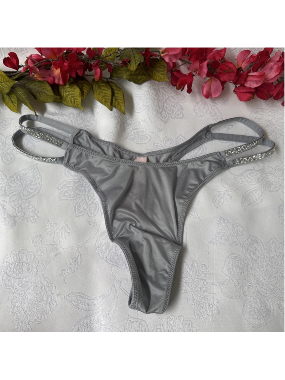 VICTORIA'S SECRET L BLUE GRAY SILKY RHINESTONE SHINE STRAP THONG PANTIES NWT